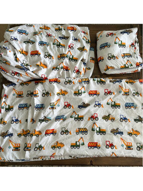 Kids Construction Truck Twin Sheet Set White Excavator Dump Truck Polyester
